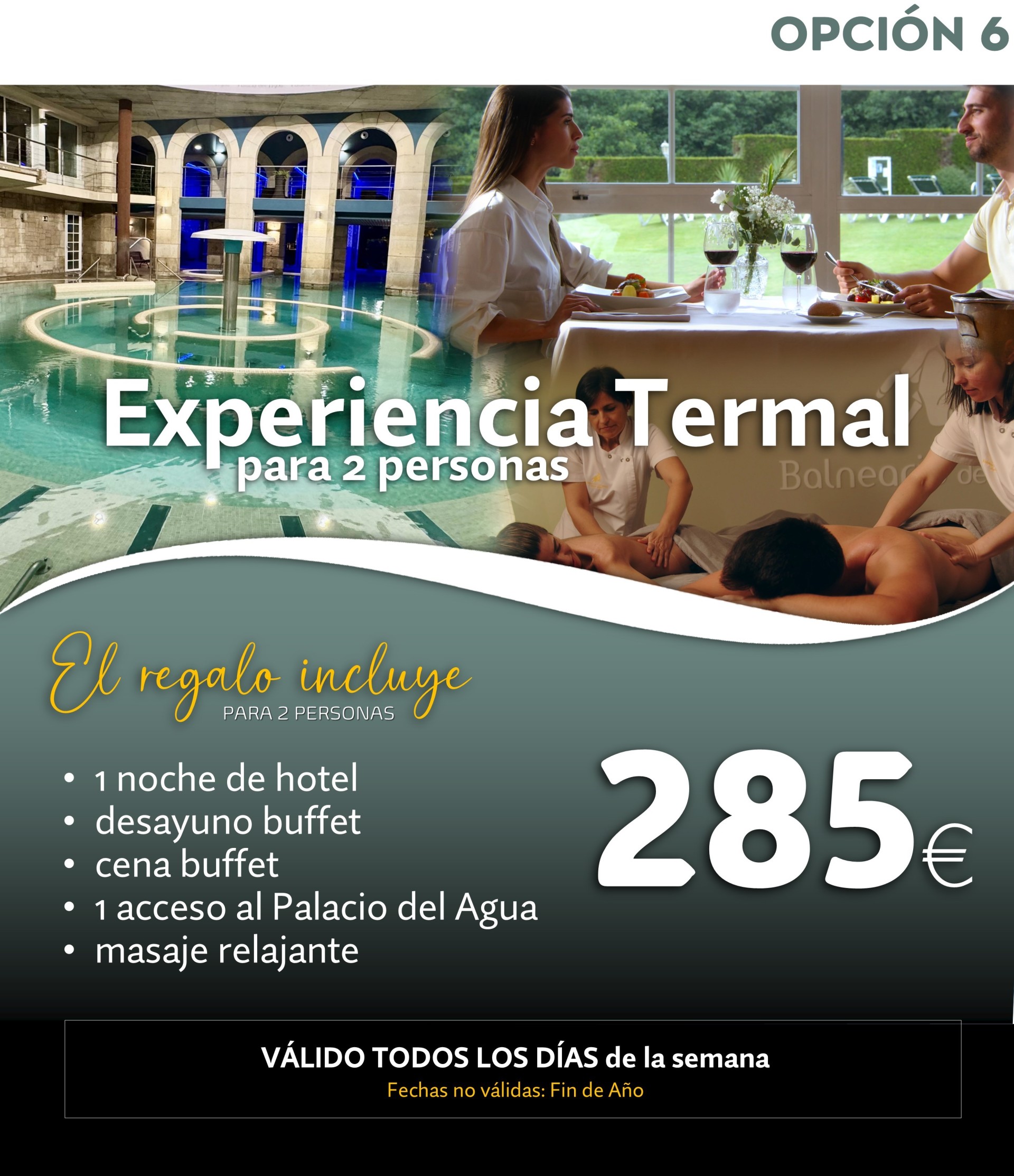 Hotel + Desayuno + Cena + Sesión 2 horas SPA Palacio del Agua + masaje (para 2 personas) - válido todos los días